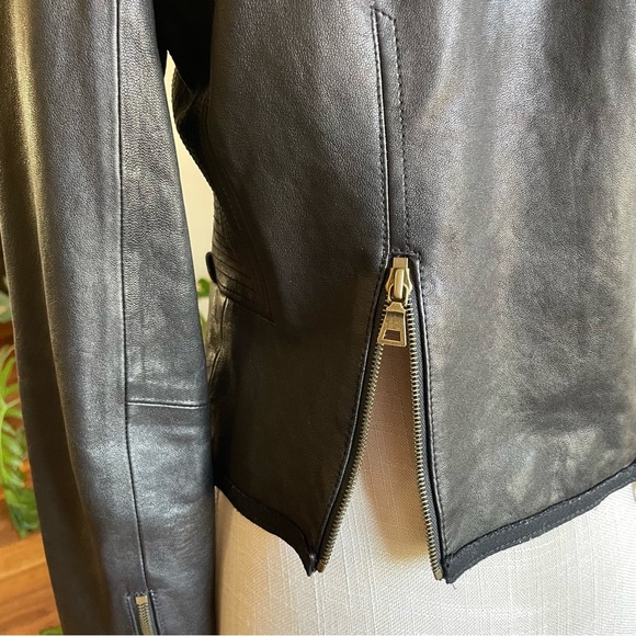 Diane Von Furstenberg DVF Black Leather Moto Lady Jacket Zip Front Round Collar - Picture 5 of 14